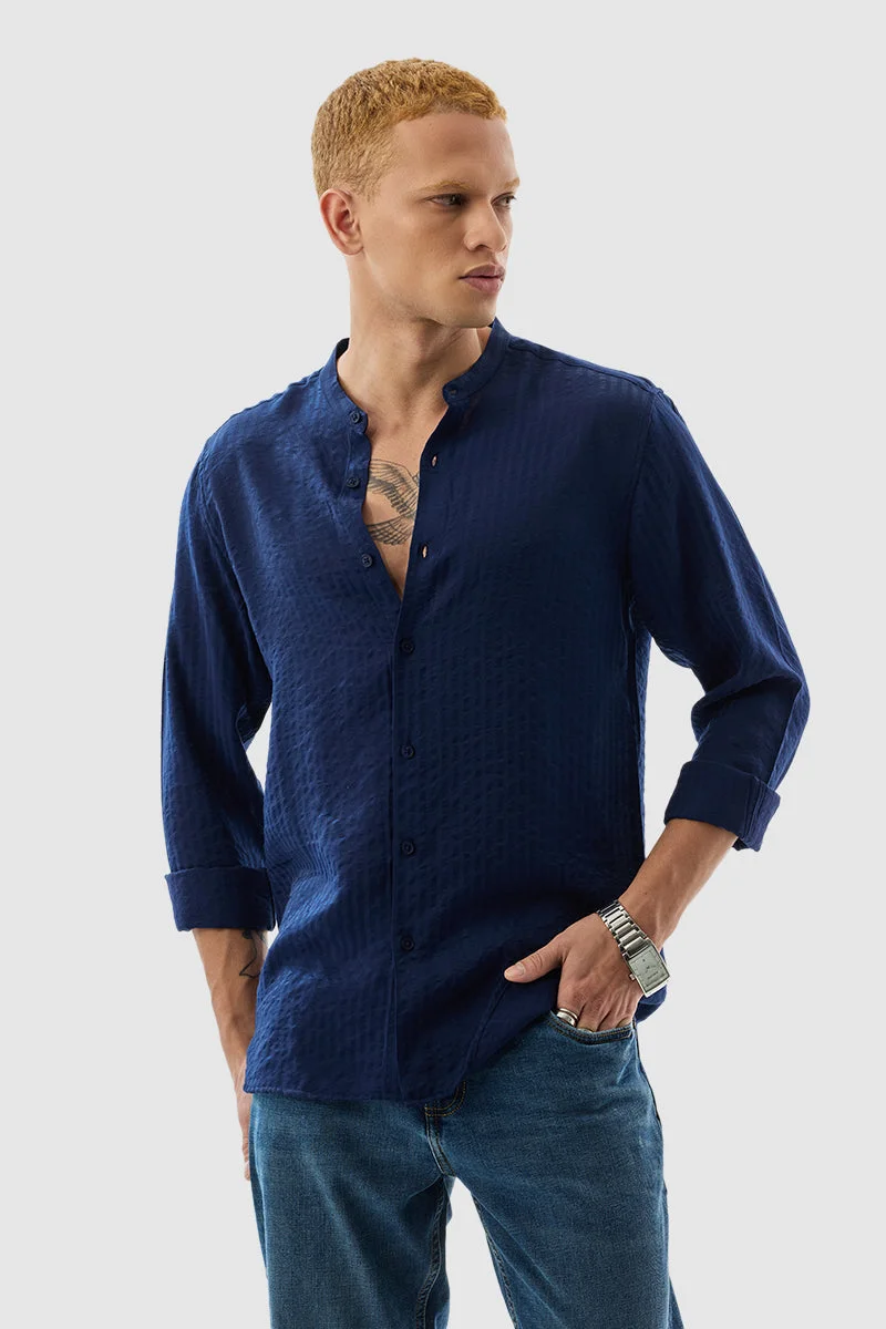 Dark Blue Striped Long Sleeve Slim Fit Casual Shirt