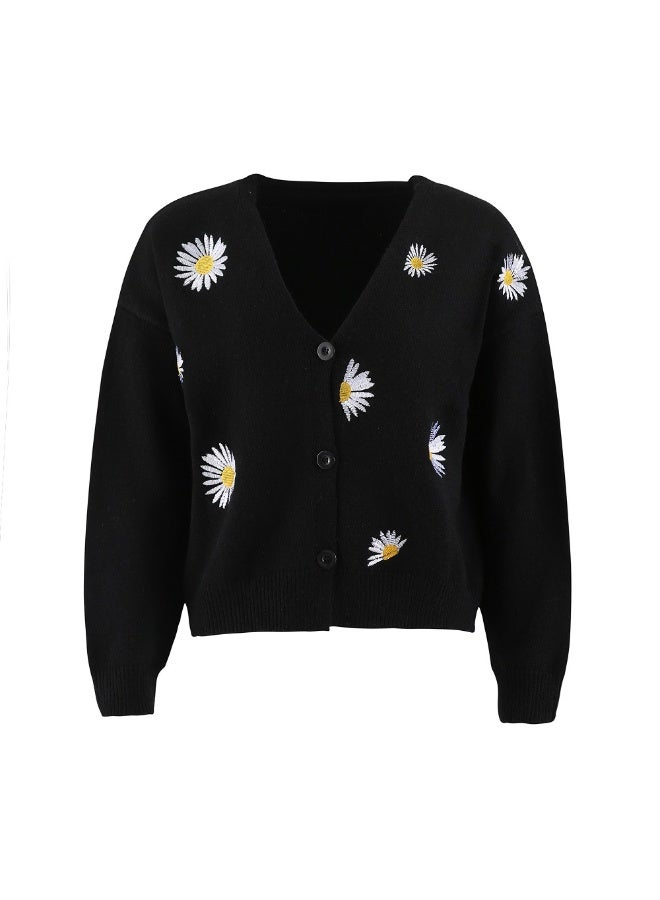 NIBEMINENT Women Knitted Cardigan Floral V Neck Full Sleeve Coat Single Breasted Sweaters Jumpers Open Stitch Autumn Winter - Image 1