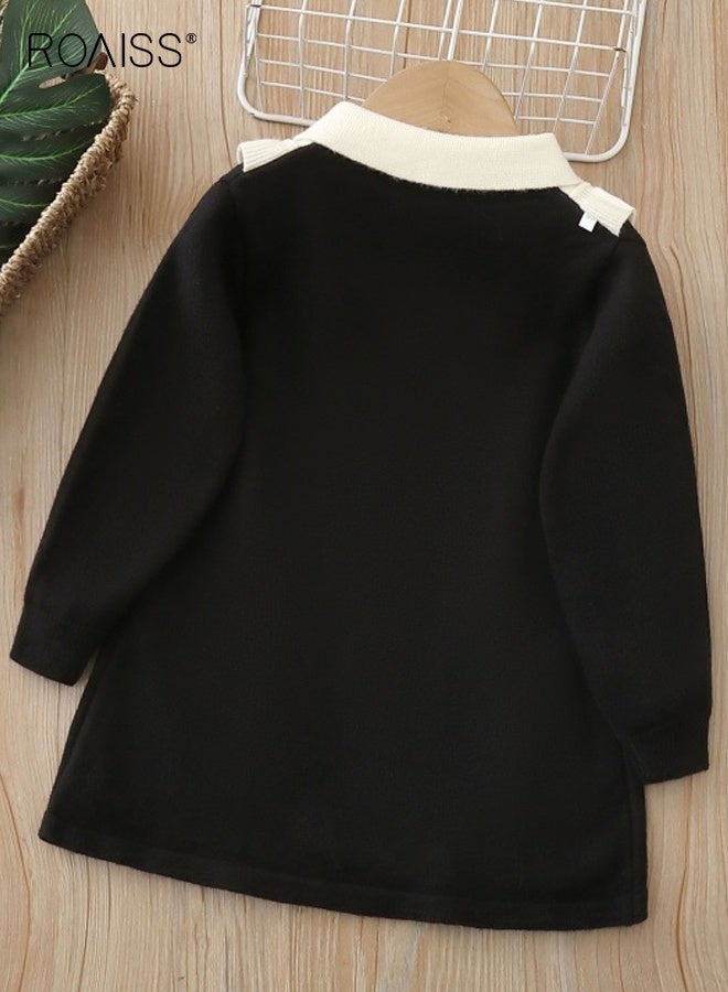 رويس فستان بنمط A-line مع ياقة بولو للفتيات الصغيرات، فستان أنيق وعصري من التريكو للفتيات الصغيرات، فستان بأكمام طويلة وأزرار، مناسب للارتداء اليومي أو أي مناسبة - Image 2