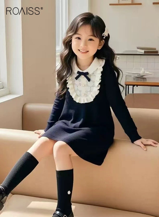 رويس فستان بنمط A-line مع ياقة بولو للفتيات الصغيرات، فستان أنيق وعصري من التريكو للفتيات الصغيرات، فستان بأكمام طويلة وأزرار، مناسب للارتداء اليومي أو أي مناسبة - Image 3