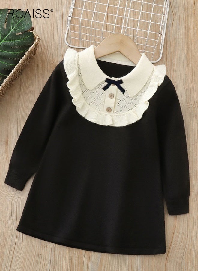 رويس فستان بنمط A-line مع ياقة بولو للفتيات الصغيرات، فستان أنيق وعصري من التريكو للفتيات الصغيرات، فستان بأكمام طويلة وأزرار، مناسب للارتداء اليومي أو أي مناسبة - Image 1