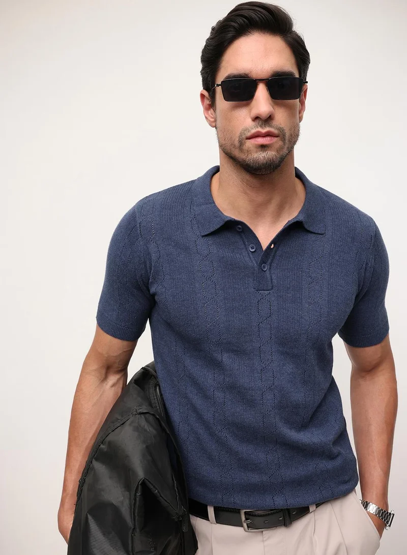 Dennis Lingo Navy Blue 100% Cotton Textured Relaxed Polo T-Shirt For Men