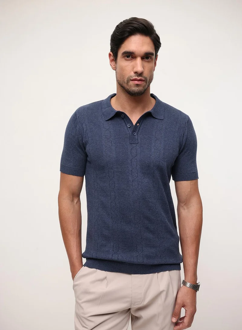 Dennis Lingo Navy Blue 100% Cotton Textured Relaxed Polo T-Shirt For Men