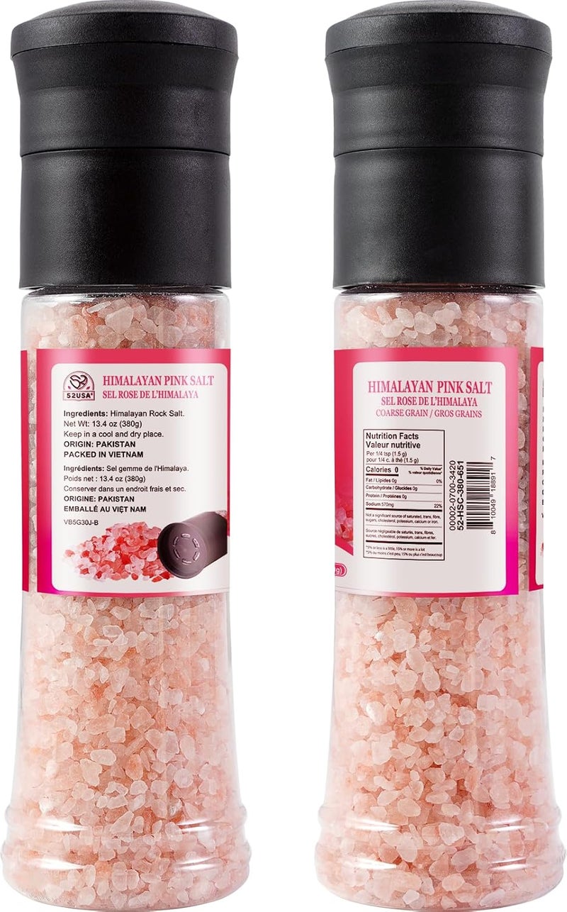 52USA Himalayan Pink Salt Grinder Set, 13.4oz (380g) Coarse Salt, Refillable Grinder Shakers with Adjustable Coarseness - Image 2