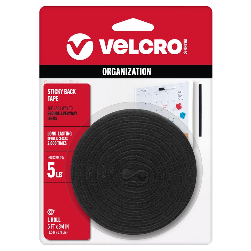 VELCRO Brand شريط فيلكرو 5 قدم × 3/4 بوصة | لفة شريط أسود مع لاصق | قطع الشرائط بالطول | مثبتات هوك وحلقة لاصقة | مثالي للمنزل أو المكتب أو الفصل الدراسي - Image 1