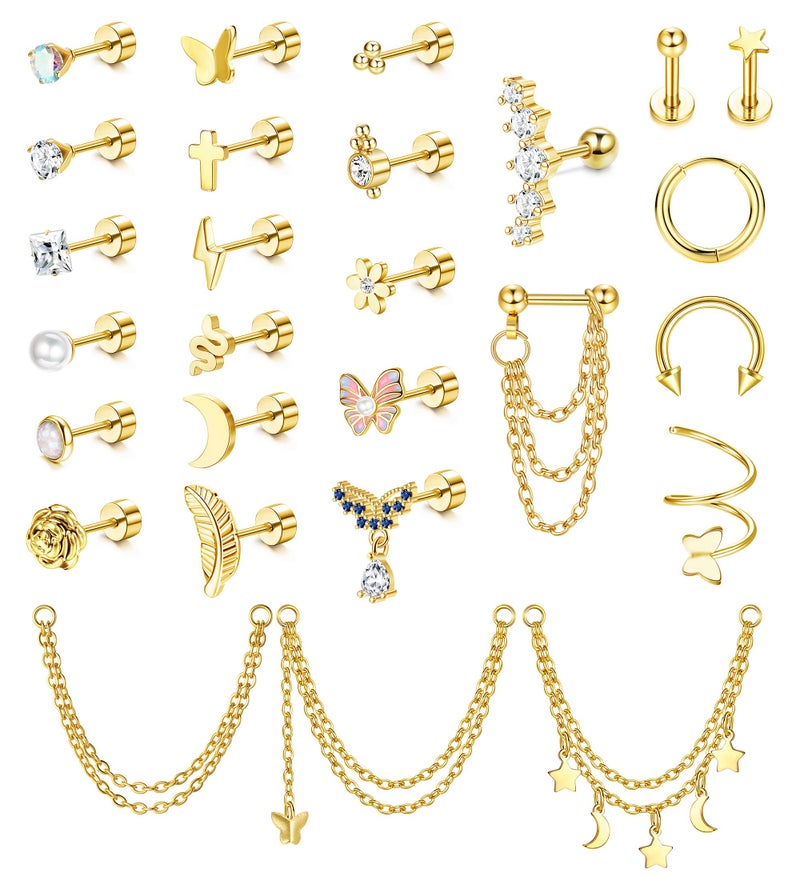 BESTEEL 27 Pcs Hypoallergenic 16G Cartilage Earrings Stud for Women Men Stainless Steel Flat back Earrings Hoop Set Cute CZ Chain Dangle Conch Daith Helix Tragus Piercing Jewelry Multipack, Stainless - Image 1
