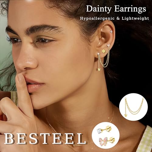 BESTEEL 27 Pcs Hypoallergenic 16G Cartilage Earrings Stud for Women Men Stainless Steel Flat back Earrings Hoop Set Cute CZ Chain Dangle Conch Daith Helix Tragus Piercing Jewelry Multipack, Stainless - Image 3