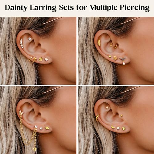 BESTEEL 27 Pcs Hypoallergenic 16G Cartilage Earrings Stud for Women Men Stainless Steel Flat back Earrings Hoop Set Cute CZ Chain Dangle Conch Daith Helix Tragus Piercing Jewelry Multipack, Stainless - Image 5