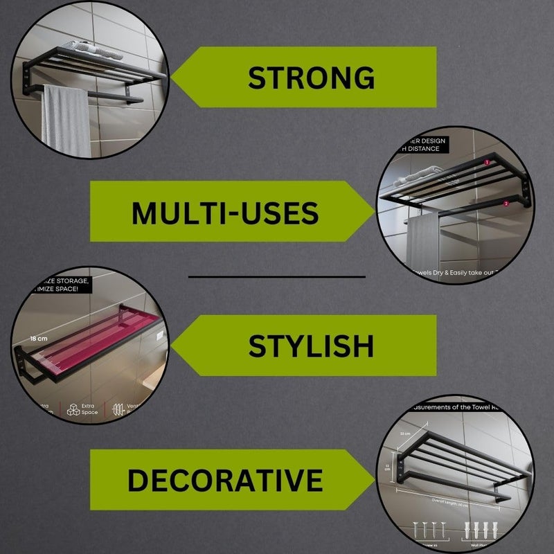 MTANK Modern Stylish Towel Rack Shelf Floating Wall Mounted Rack Towel Hanger Stand for Bathroom Rack Hanger for Clothes Other Bathroom Accessories Black - Image 4
