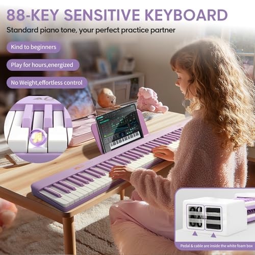AiJoy Piano Keyboard 88 Keys with Magnetic Connection | for Beginners, Girls Gifts | Portable Foldable Electric Piano Keyboard, Lightweight Purple Keys, Sustain Pedal, Piano Bag(ASP-10M) - Image 2