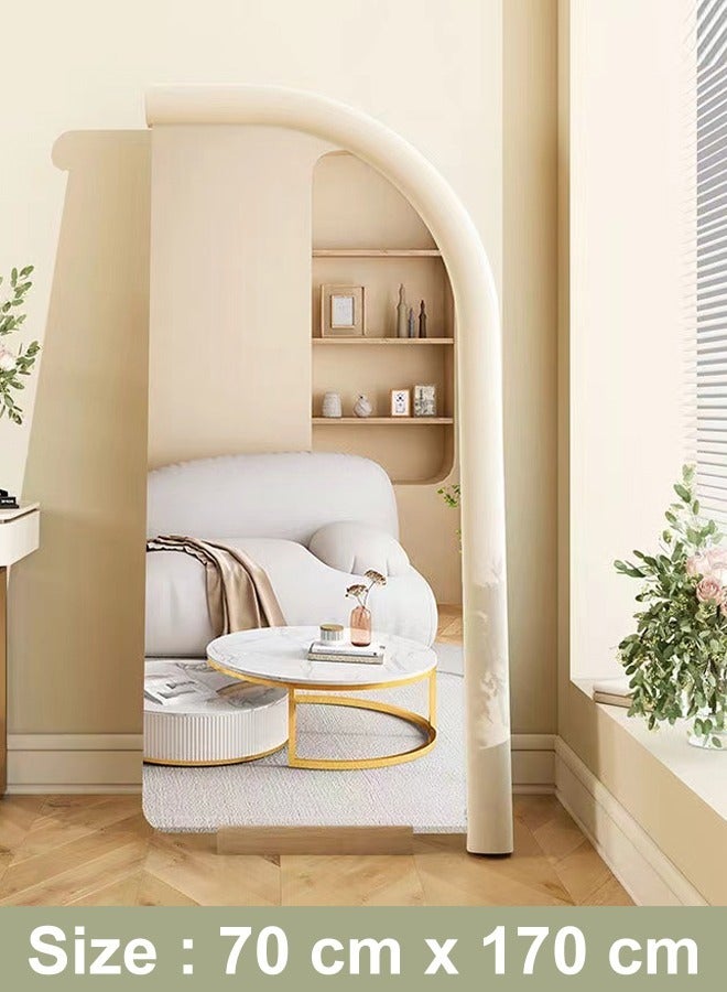 فاشون هوم مرآة فاخرة بتصميم قوس إسكندنافي حديث كامل الطول، يمكن تعليقها أو وضعها على الحائط، مرآة أرضية كبيرة لغرفة النوم، مرآة زينة مثبتة على الحائط، مرآة بإطار خشبي، زاوية مستديرة، 70×170 سم، لون أبيض - Image 5