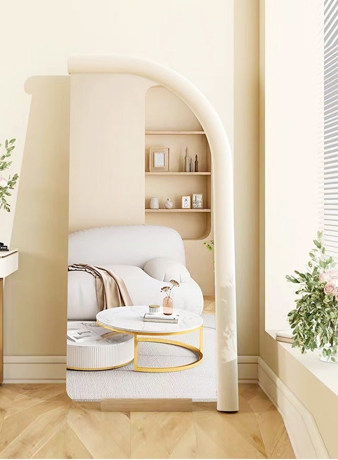 فاشون هوم مرآة فاخرة بتصميم قوس إسكندنافي حديث كامل الطول، يمكن تعليقها أو وضعها على الحائط، مرآة أرضية كبيرة لغرفة النوم، مرآة زينة مثبتة على الحائط، مرآة بإطار خشبي، زاوية مستديرة، 70×170 سم، لون أبيض - Image 1