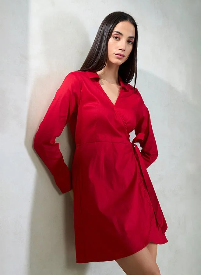 فيرجيو VIRGIO Cotton Stretch Red Tie-Up Wrap Mini Dress