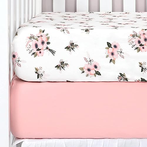TILLYOU Fitted Crib Sheets - 100% Cotton Fitted Sheets for Standard Crib Mattress, Toddler Bed Mattress Fitted Sheets 2 Pack, Machine Washable, 28”x52”, Pink&Floral Flowers - Image 1