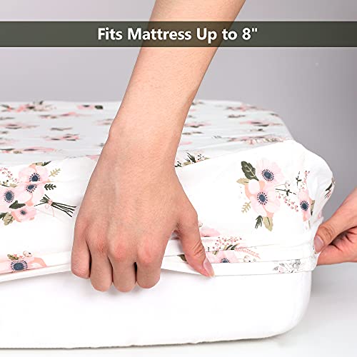 TILLYOU Fitted Crib Sheets - 100% Cotton Fitted Sheets for Standard Crib Mattress, Toddler Bed Mattress Fitted Sheets 2 Pack, Machine Washable, 28”x52”, Pink&Floral Flowers - Image 4