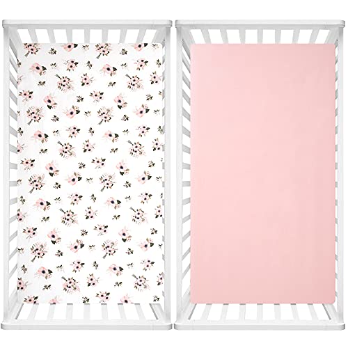 TILLYOU Fitted Crib Sheets - 100% Cotton Fitted Sheets for Standard Crib Mattress, Toddler Bed Mattress Fitted Sheets 2 Pack, Machine Washable, 28”x52”, Pink&Floral Flowers - Image 5