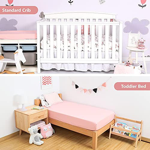 TILLYOU Fitted Crib Sheets - 100% Cotton Fitted Sheets for Standard Crib Mattress, Toddler Bed Mattress Fitted Sheets 2 Pack, Machine Washable, 28”x52”, Pink&Floral Flowers - Image 2