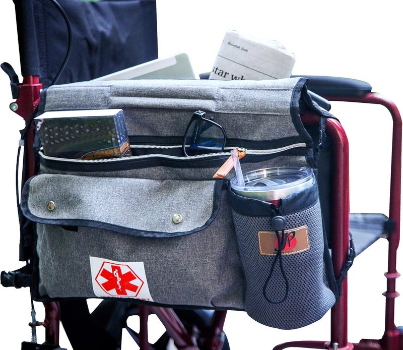 P&F HIGH QUALITY PRODUCTS Wheelchair Side Pouch Bag(Double-Side) with Cup and Phone Holder for Manual, Electric or Power Mobility Scooter Full ARMREST by P&F for Lightweight Transport - Deluxe Wheelchair Accessories (Gray) - Image 1