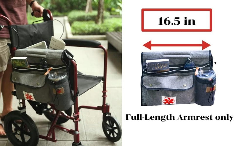 P&F HIGH QUALITY PRODUCTS Wheelchair Side Pouch Bag(Double-Side) with Cup and Phone Holder for Manual, Electric or Power Mobility Scooter Full ARMREST by P&F for Lightweight Transport - Deluxe Wheelchair Accessories (Gray) - Image 4