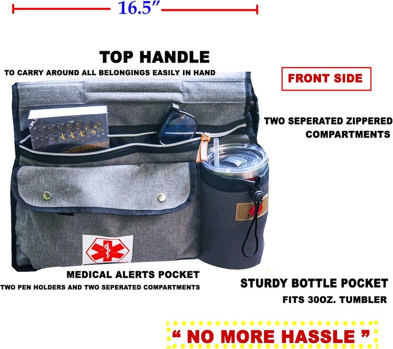 P&F HIGH QUALITY PRODUCTS Wheelchair Side Pouch Bag(Double-Side) with Cup and Phone Holder for Manual, Electric or Power Mobility Scooter Full ARMREST by P&F for Lightweight Transport - Deluxe Wheelchair Accessories (Gray) - Image 2