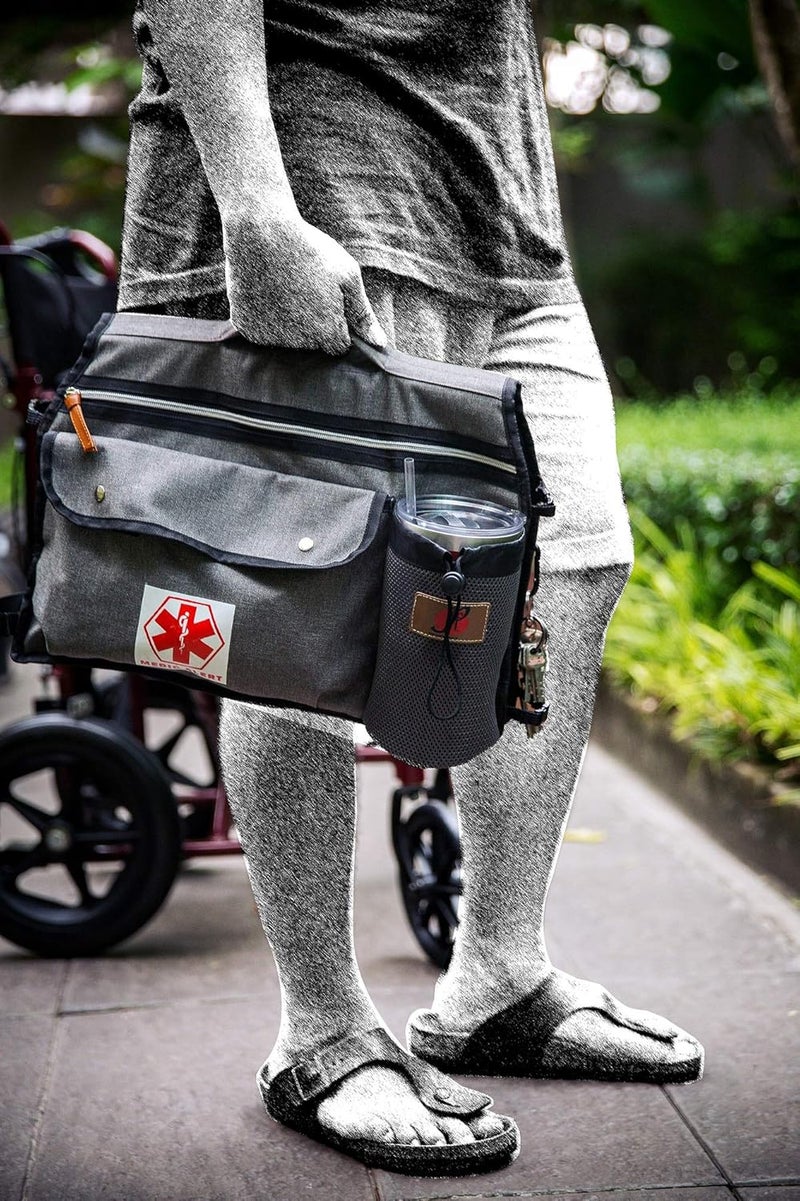 P&F HIGH QUALITY PRODUCTS Wheelchair Side Pouch Bag(Double-Side) with Cup and Phone Holder for Manual, Electric or Power Mobility Scooter Full ARMREST by P&F for Lightweight Transport - Deluxe Wheelchair Accessories (Gray) - Image 5