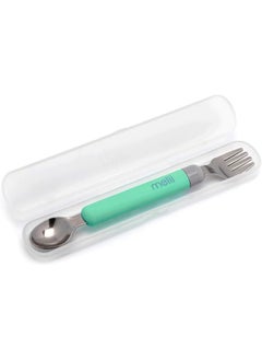 Detachable Baby Spoon and Fork Set with Compact Travel Case – BPA Free Soft Grip Utensils for Self Feeding – Portable Spork for On the Go Dining - Mint & Grey