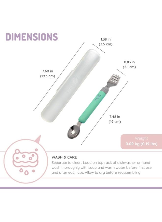melii Detachable Baby Spoon and Fork Set with Compact Travel Case – BPA Free Soft Grip Utensils for Self Feeding – Portable Spork for On the Go Dining - Mint & Grey  - Image 2