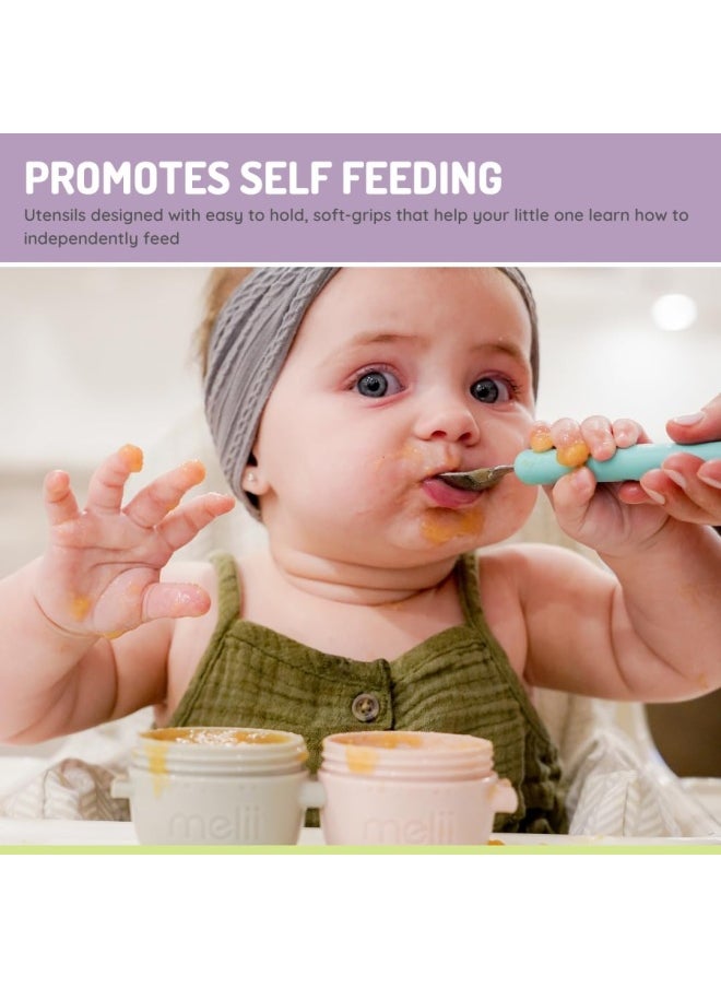 melii Detachable Baby Spoon and Fork Set with Compact Travel Case – BPA Free Soft Grip Utensils for Self Feeding – Portable Spork for On the Go Dining - Mint & Grey  - Image 5