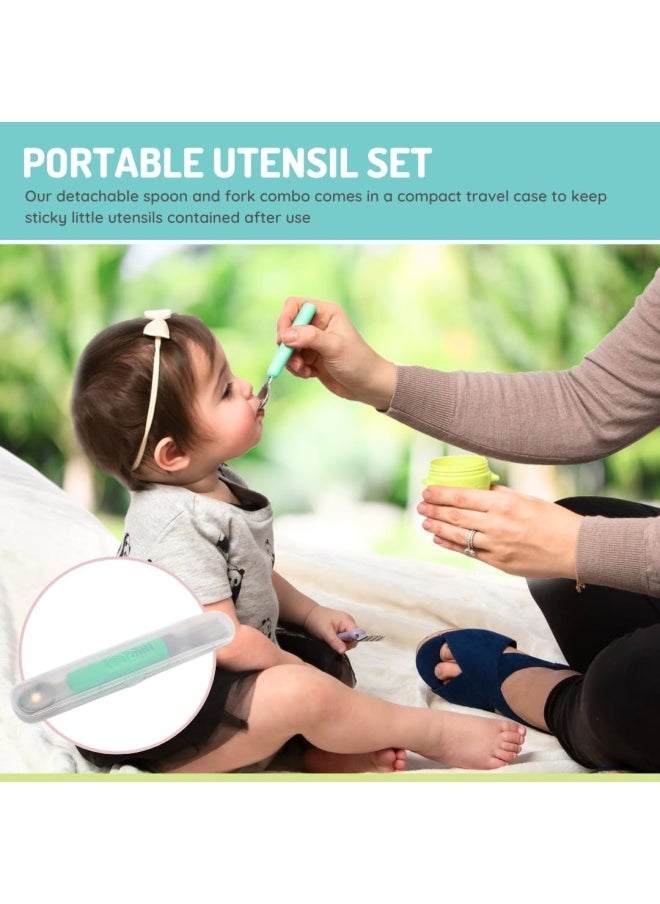 melii Detachable Baby Spoon and Fork Set with Compact Travel Case – BPA Free Soft Grip Utensils for Self Feeding – Portable Spork for On the Go Dining - Mint & Grey  - Image 4