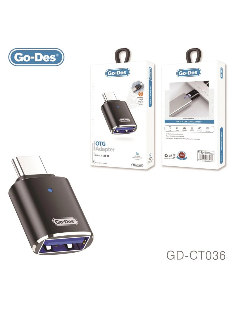 GO-DES USB Type C To USB 3.0 LED Lighning Go-Des Adapter Type-C Male To OTG USB 3.0 Female Converter for Smartphone Laptop OTG Adapter(GD-CT036)