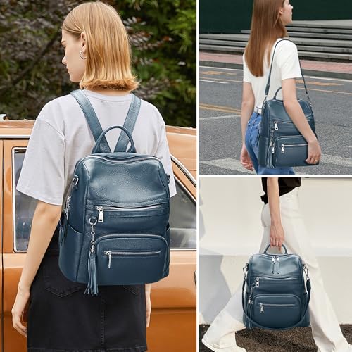 ALTOSY Genuine Leather Backpack Purse for Women Large Shoulder Bag With Laptop Compartment Multiple Pockets(S106 Indigo Blue) - Image 3