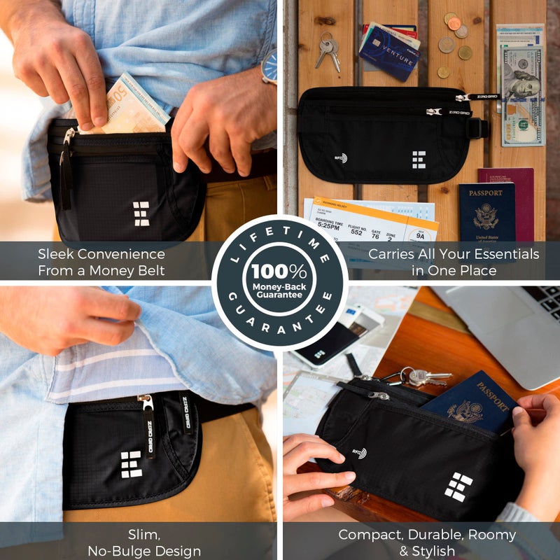 Zero Grid Money Belt for Travel - RFID Slim Passport Holder - Passport Belt - Travel Pouch for Cash, Credit Cards and Documents- Water Resistant, Travel Money Belt Under Clothes- Money Belt for Men/Women Hidden  - Image 2