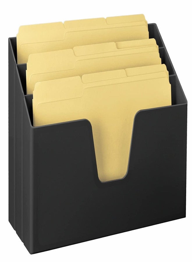 Acrimet Horizontal Triple File Folder Holder Organizer, Open-Top Desktop Document Sorter for Letter Size Papers & Folders, Includes 9 Manila Folders, Plastic Black - Image 1
