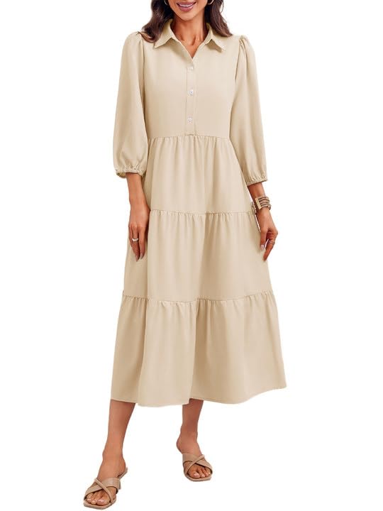 Wenrine Womens Casual 3/4 Sleeve Shirt Dress Button Down V Neck Tiered Collared Flowy Maxi Dress Beige - Image 1