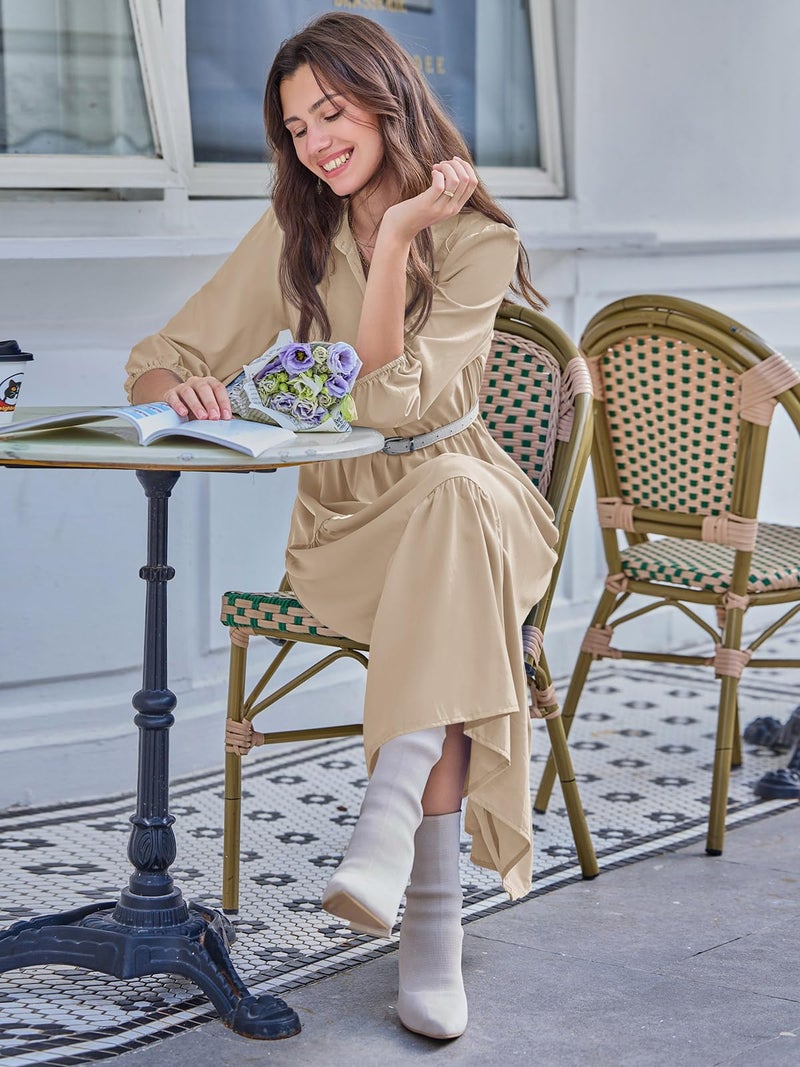 Wenrine Womens Casual 3/4 Sleeve Shirt Dress Button Down V Neck Tiered Collared Flowy Maxi Dress Beige - Image 4