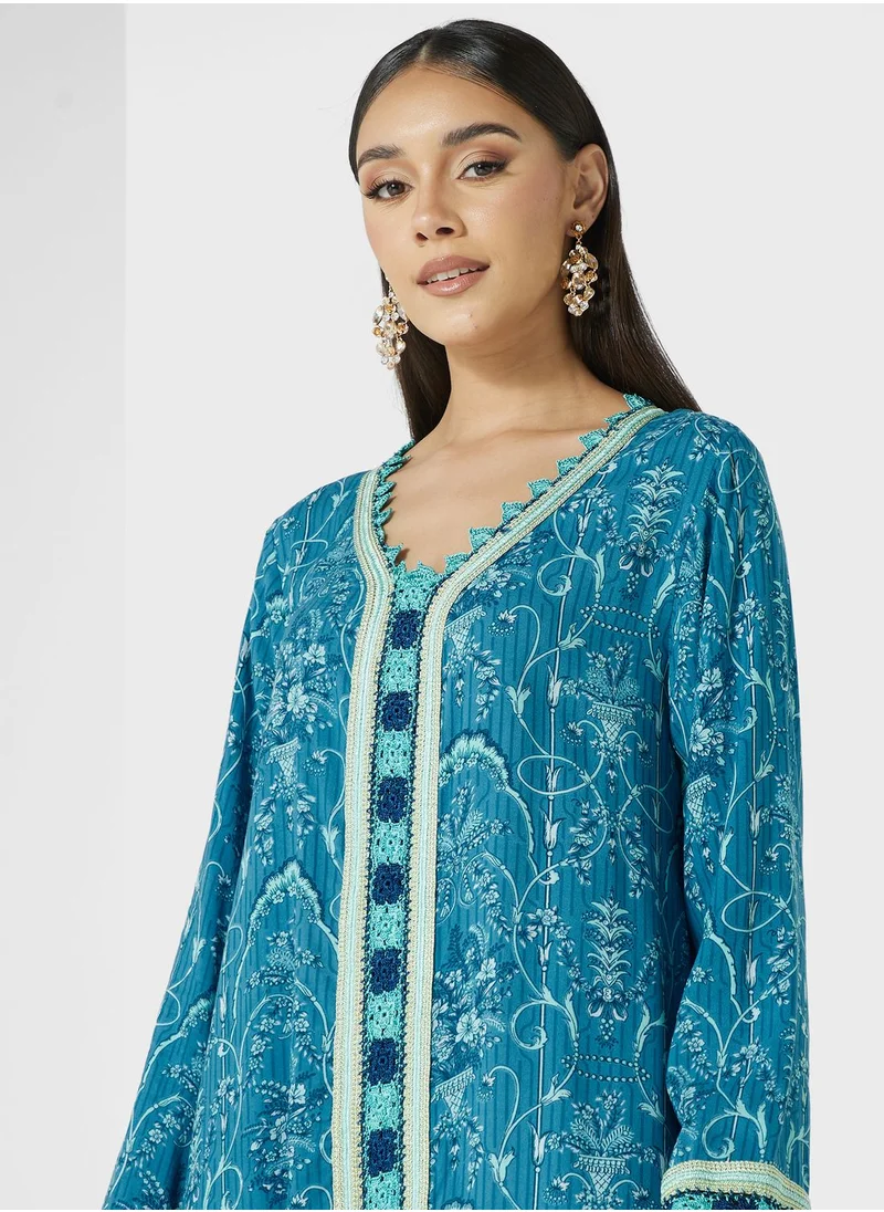 كشخة Lettuce Neck Floral Print Jalabiyya