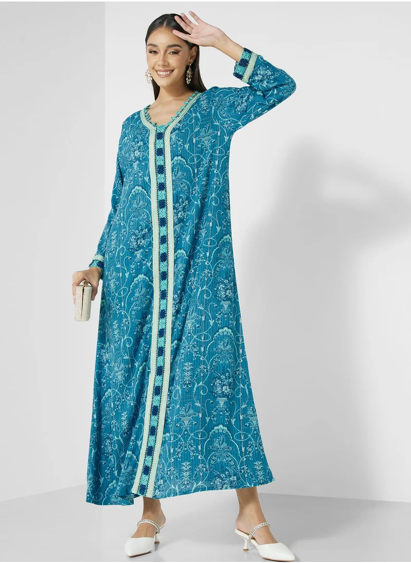 كشخة Lettuce Neck Floral Print Jalabiyya