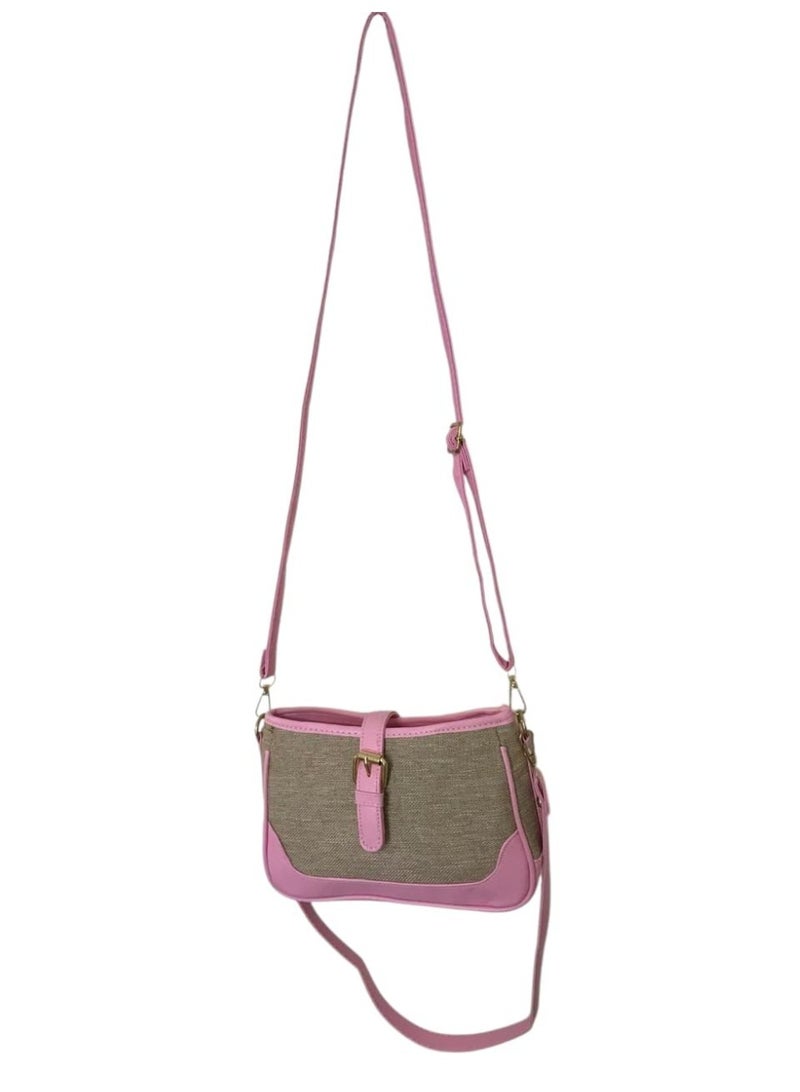 Women’s Crossbody Bag with Buckle – Faux Leather & Jute - Image 1