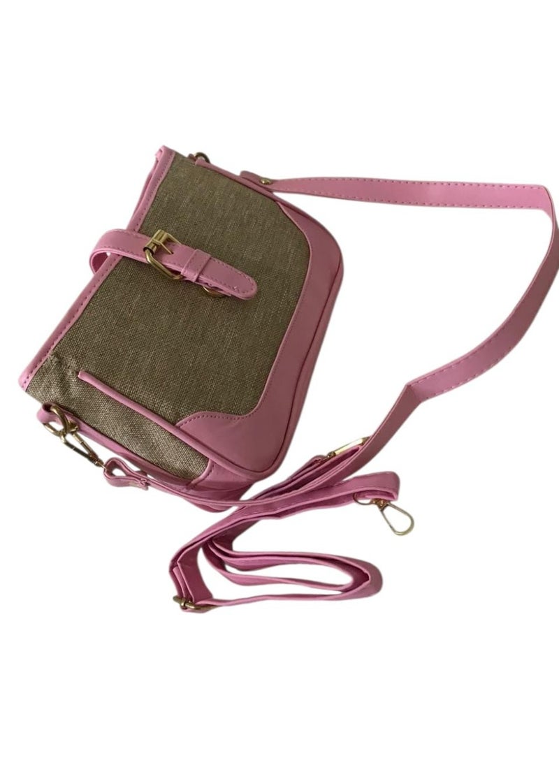 Women’s Crossbody Bag with Buckle – Faux Leather & Jute - Image 2