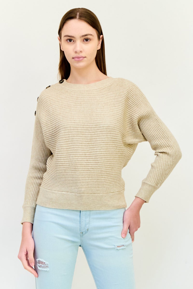 POOF Women Button Shoulder Detail Knit Sweater, Oatmeal Heather - Image 1