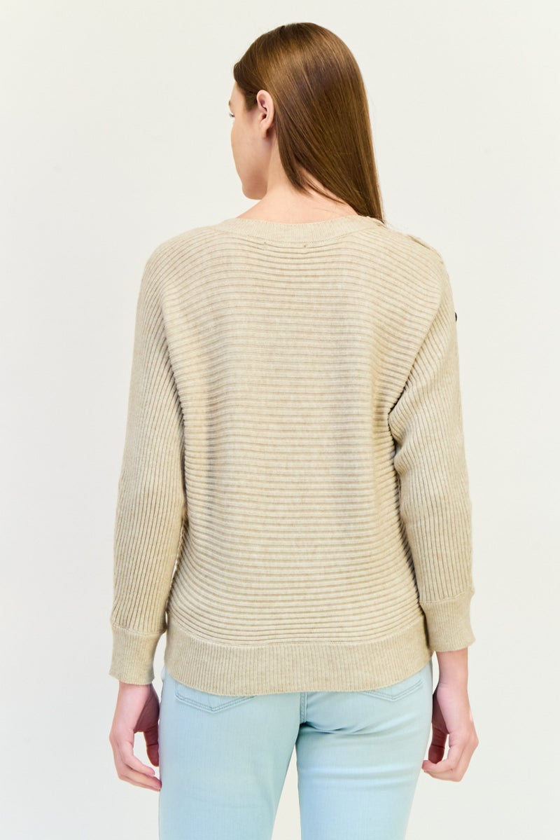 POOF Women Button Shoulder Detail Knit Sweater, Oatmeal Heather - Image 3
