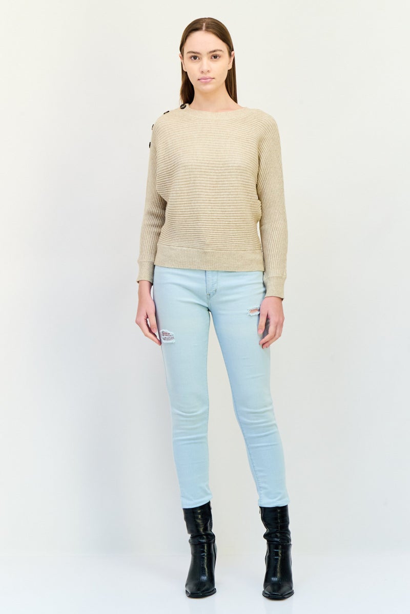 POOF Women Button Shoulder Detail Knit Sweater, Oatmeal Heather - Image 4