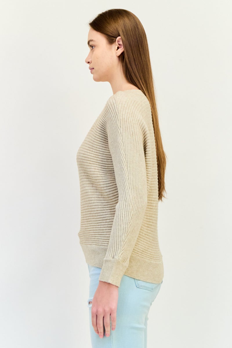 POOF Women Button Shoulder Detail Knit Sweater, Oatmeal Heather - Image 2