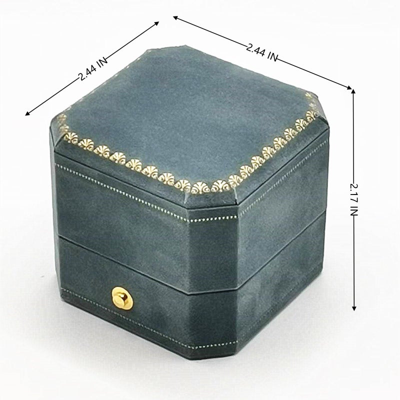 WHSLILR Velvet Ring Box - Octagon Engagement Ring Box with Hinged Lid for Proposal Engagement Wedding, Proposal Ring Case Jewelry Box with Gold Lace PRB003-Lake Blue - Image 2