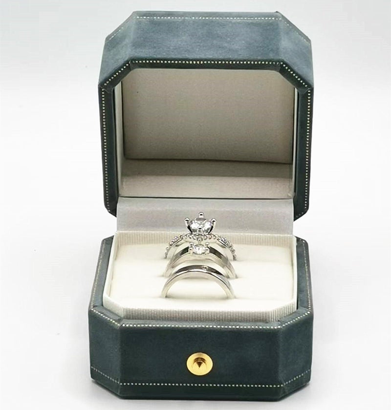 WHSLILR Velvet Ring Box - Octagon Engagement Ring Box with Hinged Lid for Proposal Engagement Wedding, Proposal Ring Case Jewelry Box with Gold Lace PRB003-Lake Blue - Image 3
