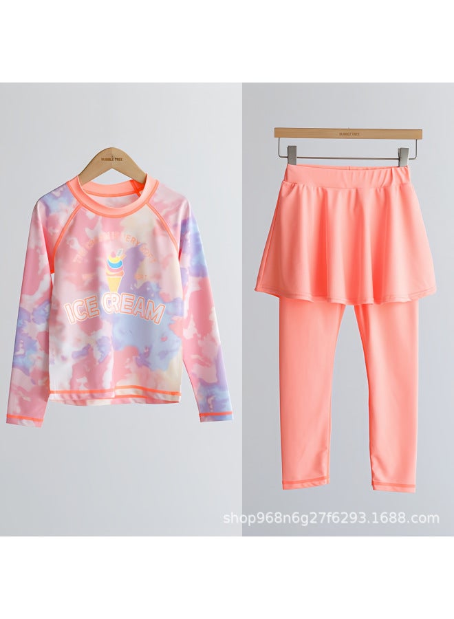 New Children's Swimsuit For Girls, Long-sleeve Two-piece Conservative Boxer Sports Style Hot Spring Vacation Swimwear