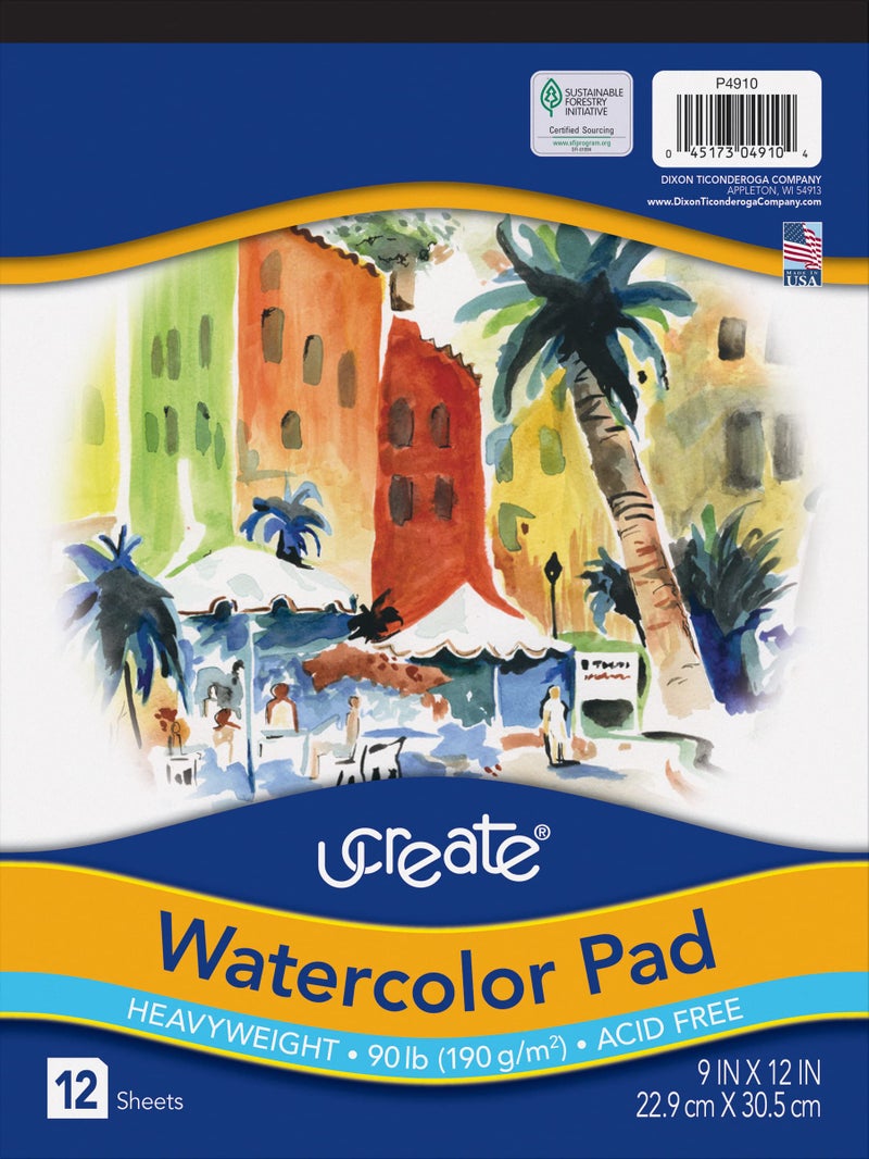 UCREATE دفتر ألوان مائية باكون، 90 رطل، 9" × 12"، 12 ورقة، أبيض - Image 1