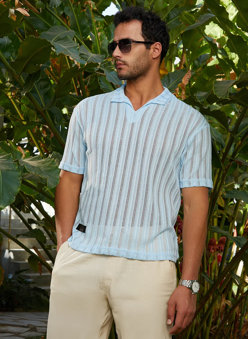 كامبوس سوترا Campus Sutra Men's Baby Blue Duo-Striped Relaxed Polo T-Shirt For Casual Wear | Polo Neck | Short Cuffed Sleeves | Pull On Closure | T-Shirt Crafted With Comfort Fit For Everyday Wear