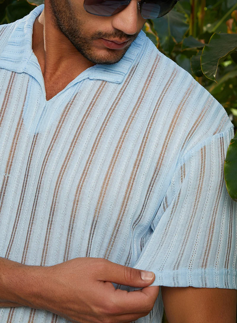 كامبوس سوترا Campus Sutra Men's Baby Blue Duo-Striped Relaxed Polo T-Shirt For Casual Wear | Polo Neck | Short Cuffed Sleeves | Pull On Closure | T-Shirt Crafted With Comfort Fit For Everyday Wear