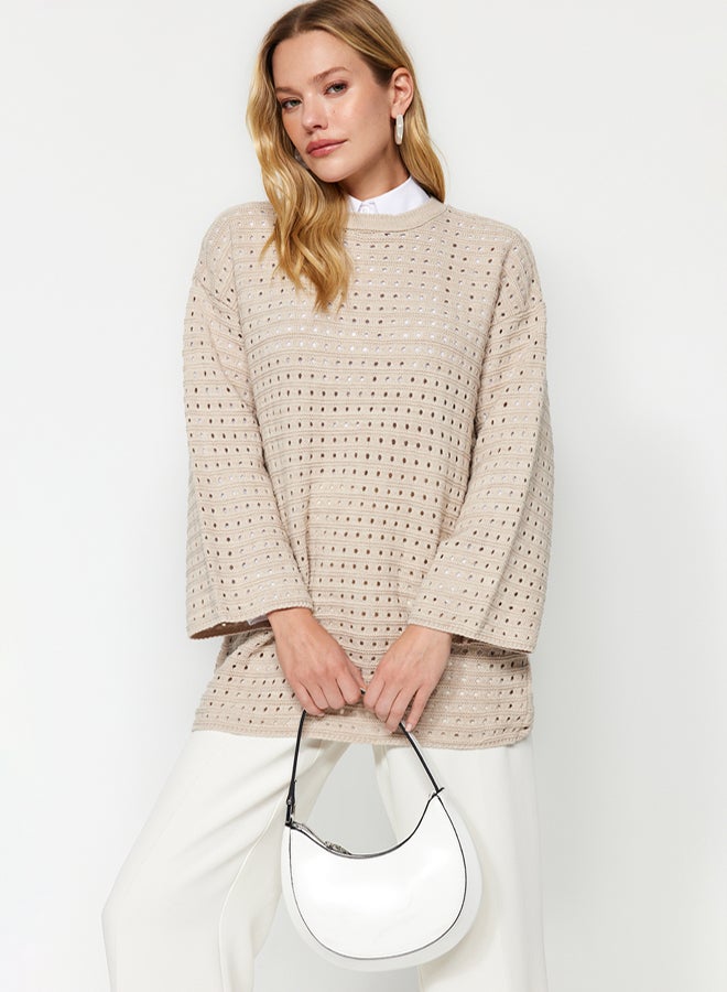 trendyol Beige Relaxed Cut Openwork/Hole Knitted Sweater - Image 3